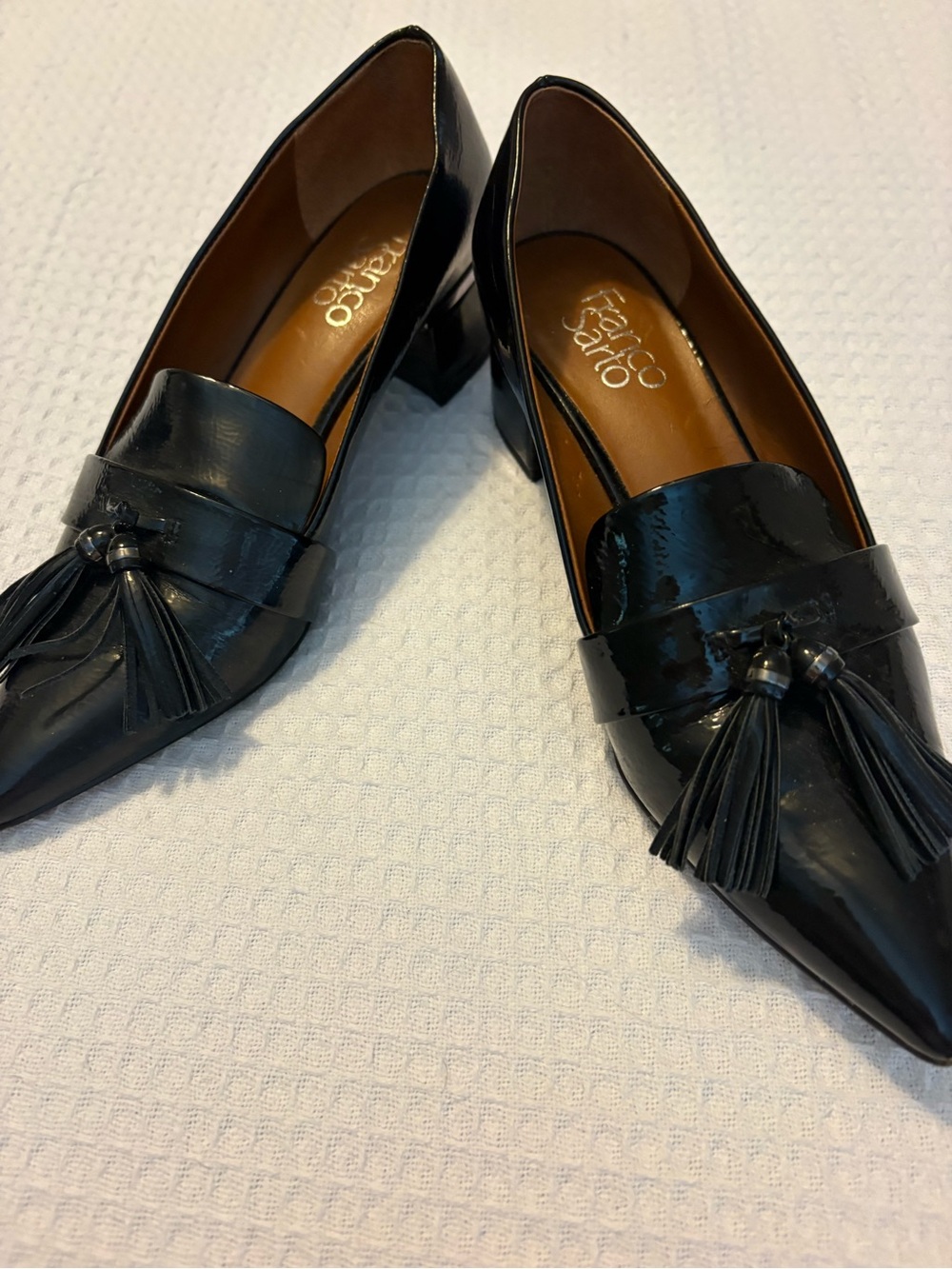 Franco Sarto Black Patent Pointed Tassel Loafers - Picture 2 of 5